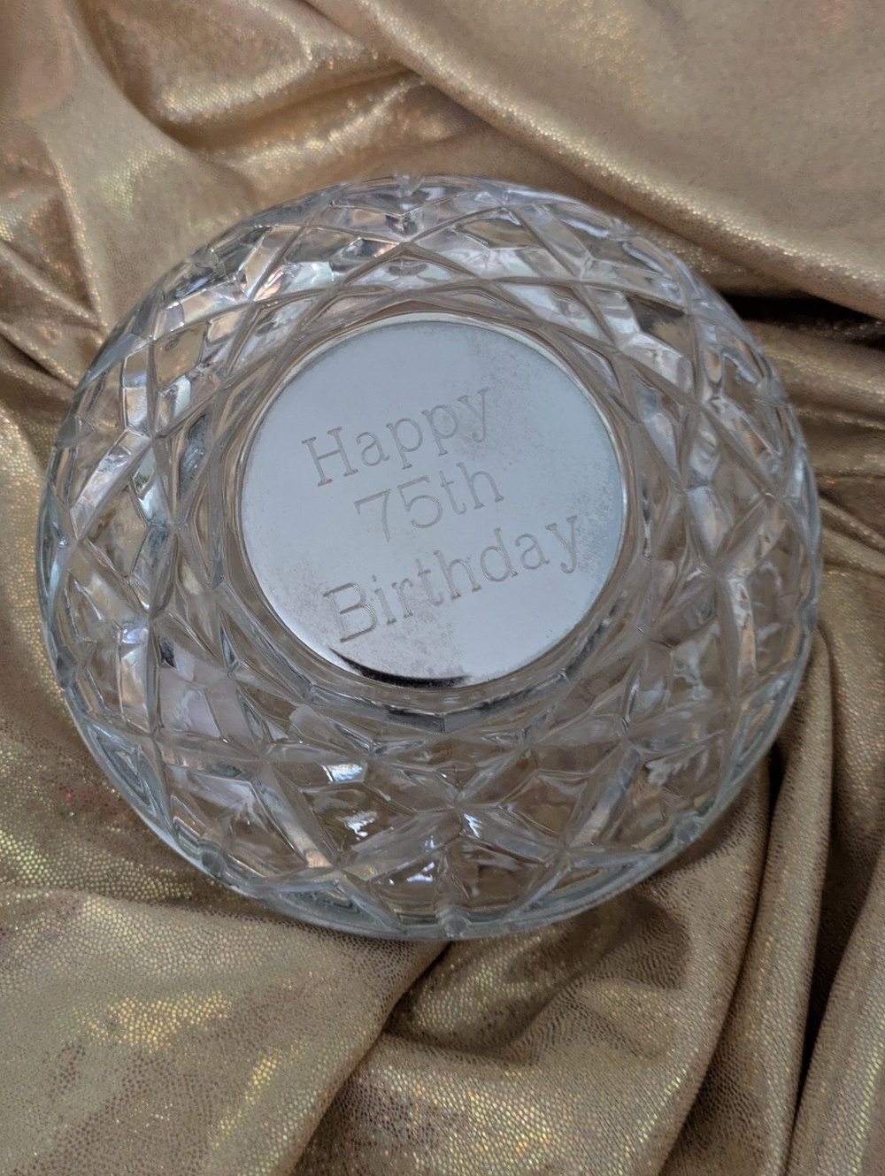 "Happy 75th Birthday" Musical Crystal Covered Dish